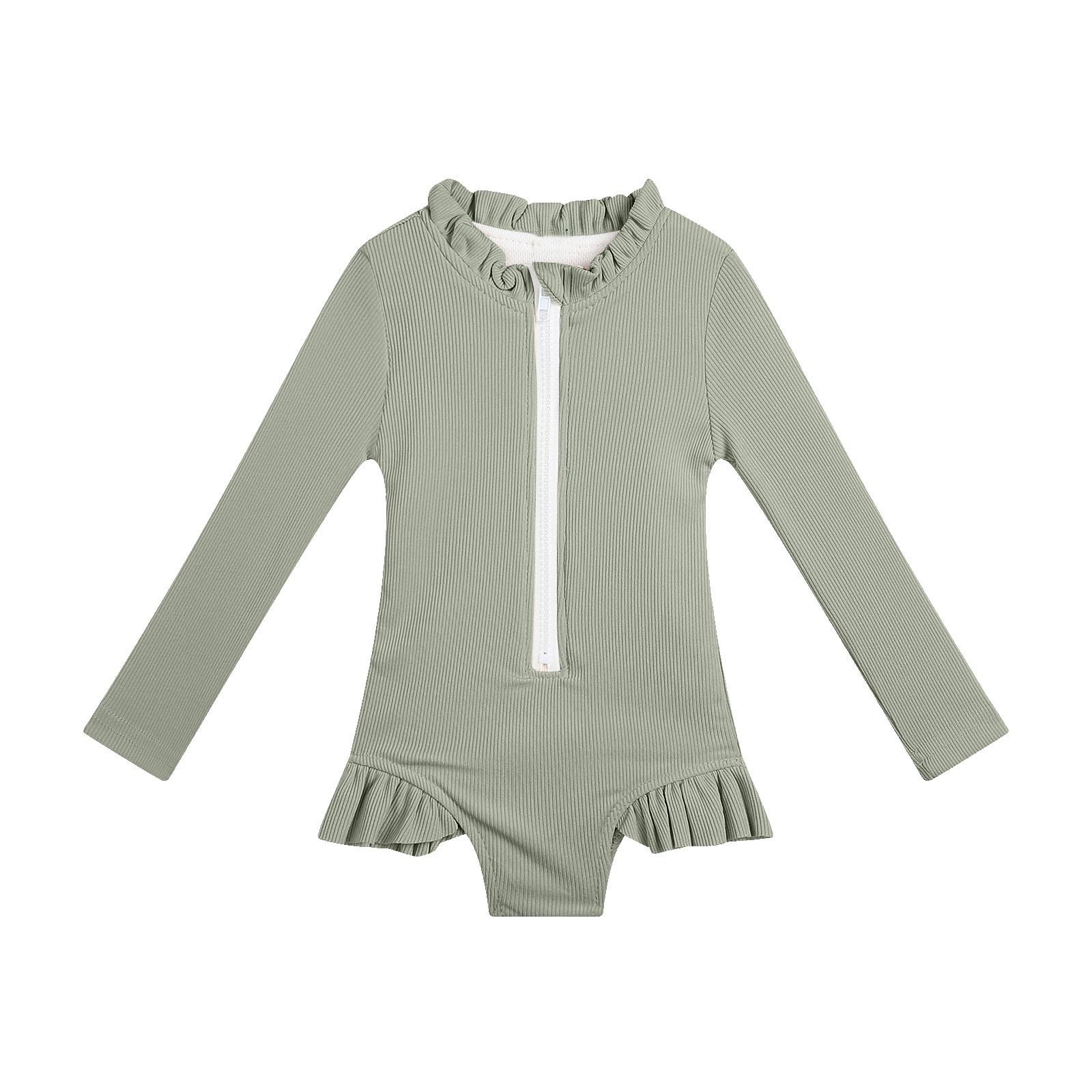 JingChang Sleeve Girls' Swimsuit Rash Guard with Frills,UPF 50+ Zipper Swimwear Bathing Suit,Green,18 Months